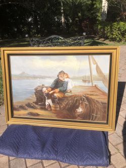 Large Vintage Painting Of Sailboat Ship’s Captain With Children Original Signed By Artist