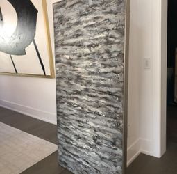 Grey and White Abstract Painting with Silver Frame