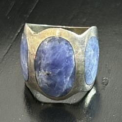 Vintage Ring Blue Lapis Malachite Size 6 Silver 950 flush stone mount 