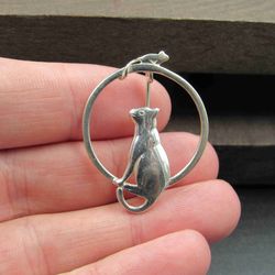 Sterling Silver Kitty Cat Circle Pin Brooch