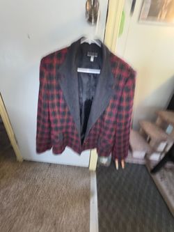 Red and Black Plaid Blazer with Shawl Collar