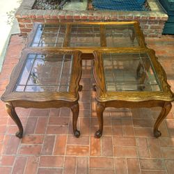 SET of 3 French Country Provencial Wood Glass Panel Coffee Table End Tables 