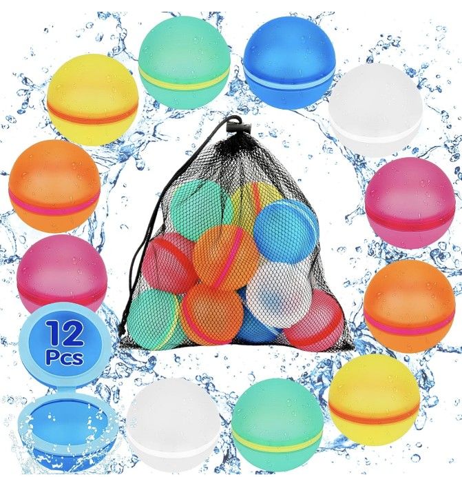 Magnetic Reusable Water Balloons for Kids: 12 PCS Self Sealing Refillable Water Balloons Quick Fill Beach Toys for Toddlers Outdoor Pool Summer Bath T