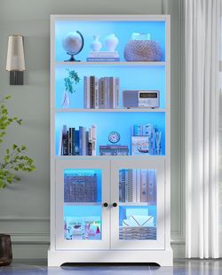 5-Tier Bookshelf, 65" Bookshelf with Multi-Color Ambient Lights (APP Remote Control), Tall Vertical Display Shelf with Cabinet Doors, Suitable for Liv