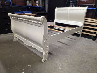 Modern White Ornate Style Full Size Sleigh Bed Frame