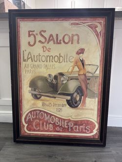 VINTAGE FABRICE de VILLENEUVE AUTOMOBILE CLUB De Paris BANNER DECEMBR 1926 USA FRAMED