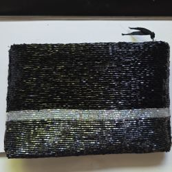 NEIMAN MARCUS Vintage Beaded lBack Silver-Gray Clutch Bag PURSE 