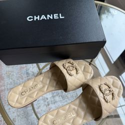 Chanel Quilted CC Chain Beige Slides 