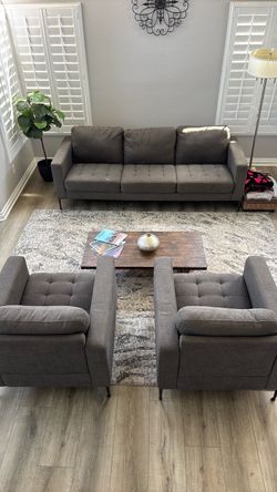 Charcoal Gray Sofa + 2 matching Chairs – Great Condition