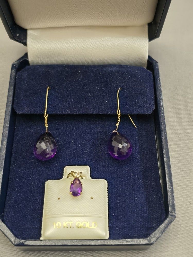 New 14Kt Gold Amethyst Earrings and Charm - 17.50 Carats