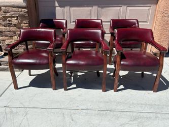 Set of 6 Vintage-Style Captain's Office Chairs – Oxblood Vinyl / Mahogany