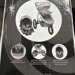 The Monbebe Rebel ll All in One Travel System includes a jogging stroller and a Safety First on Board 35 LT infant car seat with 5 pt front-adjust har