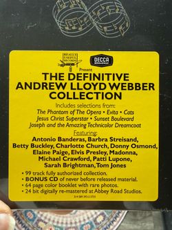Andrew Lloyd Webber Definitive Collection 5-Disc CD Box Set   99 tracks from his best like Phantom of the Opera, Evita, Cats, and more. bonus CD of un