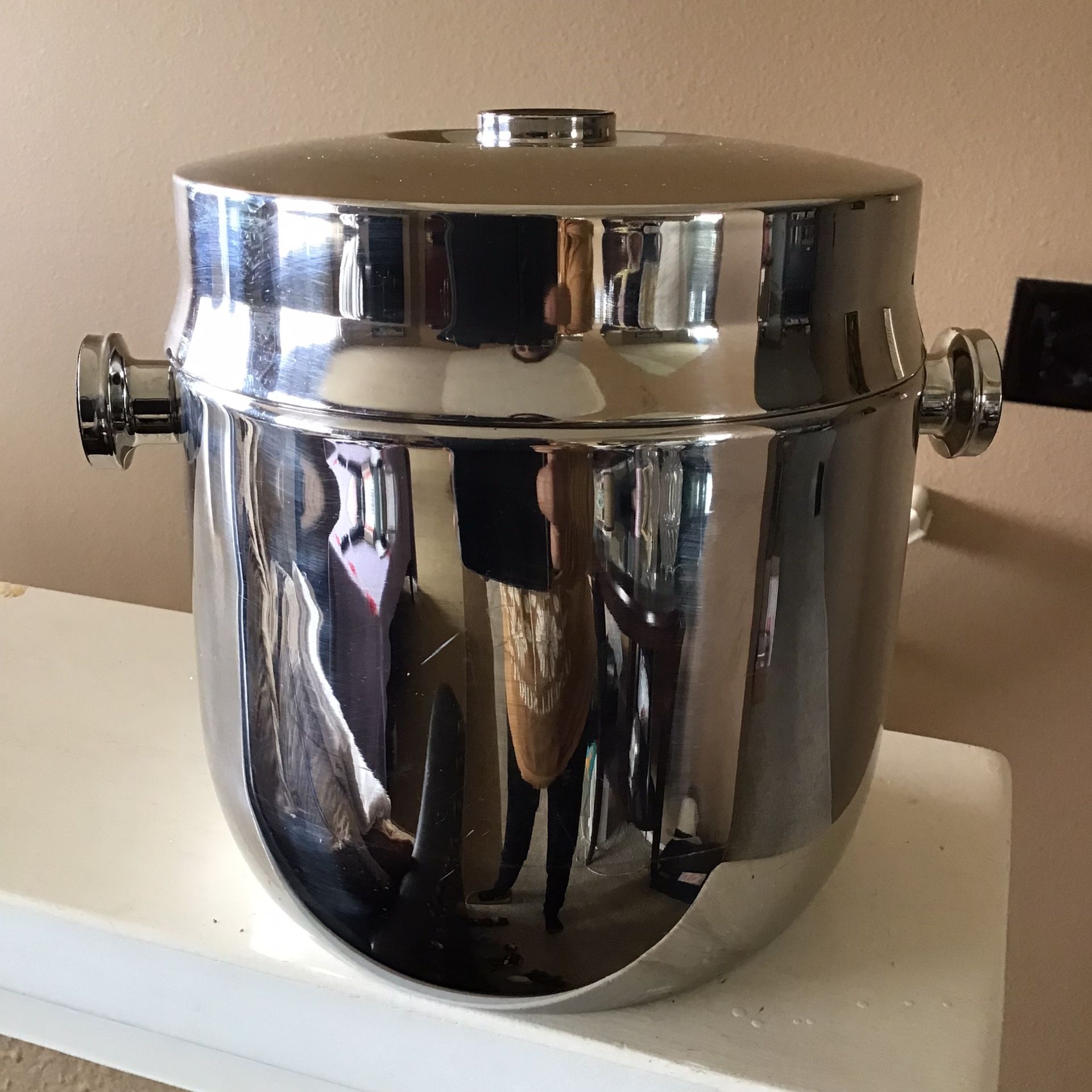 Vintage MCM Stainless Steel Ice Bucket with Black Handles, Hong Kong