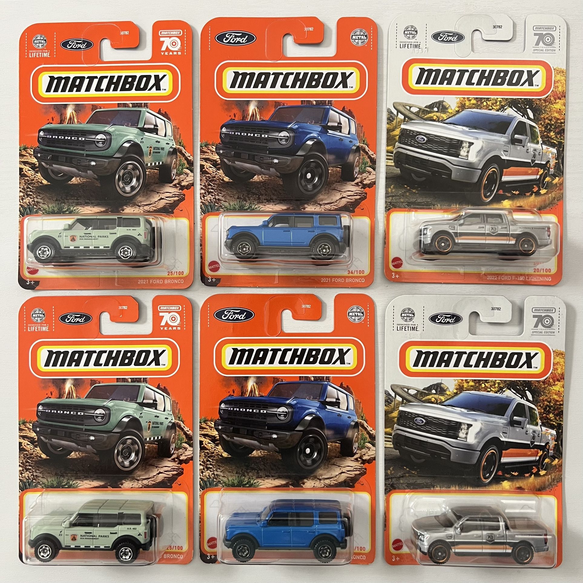 Matchbox '21 Ford Bronco (2) Blue & National Park, '22 F150 Lightning