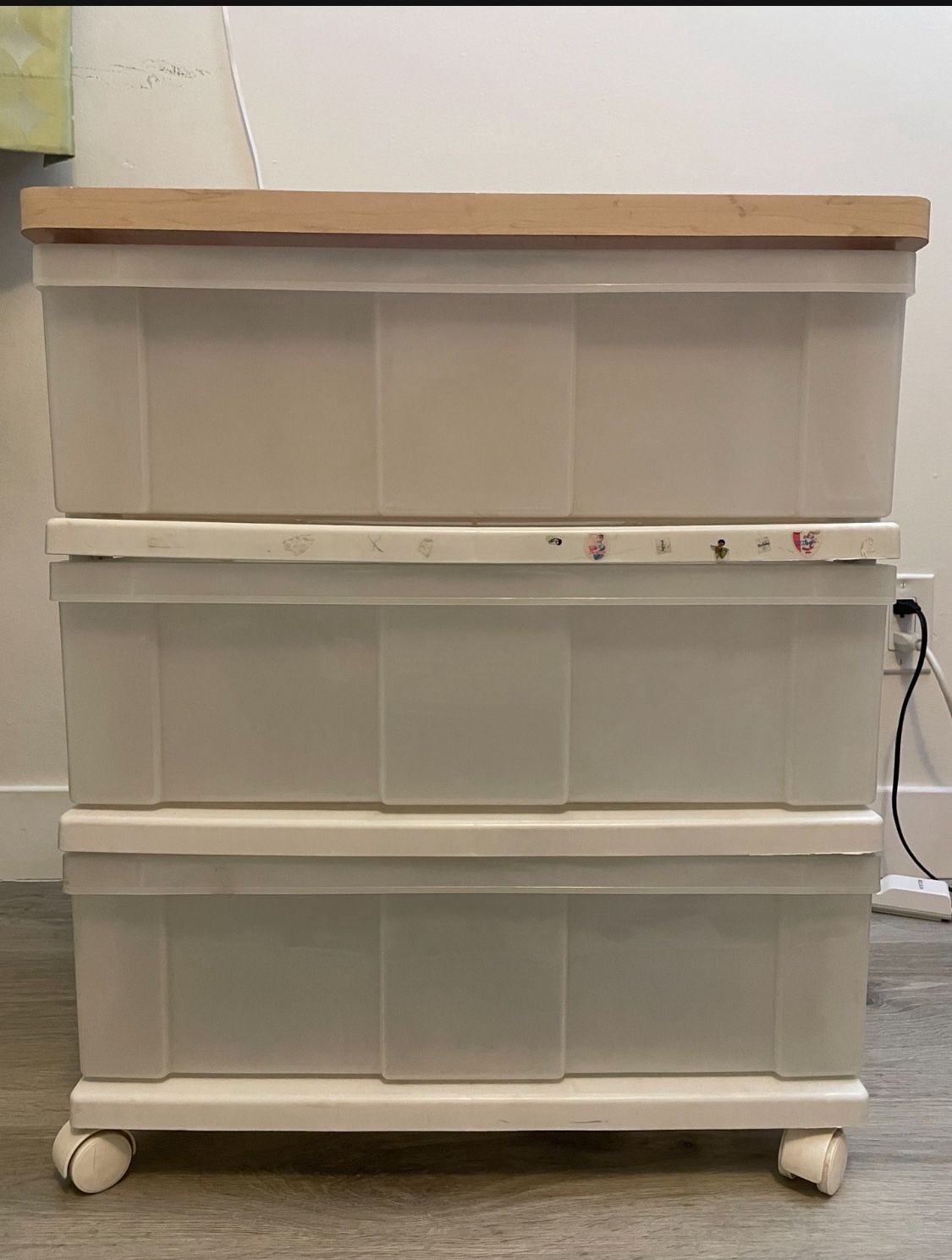 🌼 Plastic Storage Drawer Unit (3-Tier) with Wood Top & Wheels