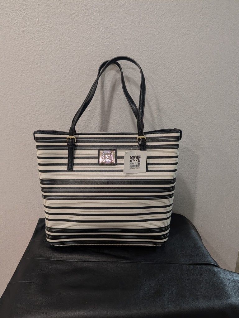Anne Klein Perfect Tote Large in black and off-white stripes with gold-tone hardware New