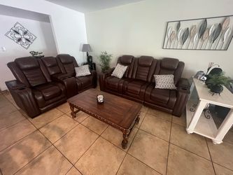 Brown Leather Power Reclining Sofa and Loveseat Set