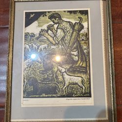 Vintage Signed Josep Castells Marti Flabiol Spanish Woodcut Framed Print