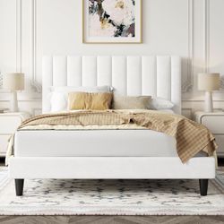 White Velvet Full Size Platform Bed Frame