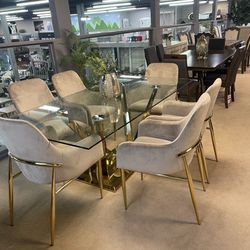 Barnard Clear Glass Top & Mirrored Gold Dining Room Set / 7pc