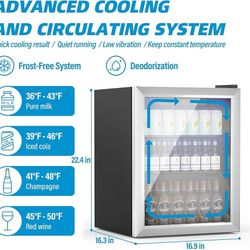 Beverage Refrigerator and Cooler, 76 Can/1.7 Cu Ft Mini Fridge with Glass Door, Adjustable Shelves for Soda,Beer,Wine, Free Standing Small Refrigerato