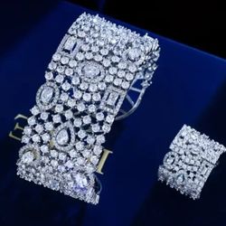 Luxury Exquisite 18K White Gold Plated Cubic Zirconia Bridal Cuff Adjustable Bracelet & Ring Set
