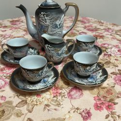 Coffee Set, “VICTORIA CHINA” Japan HAND PAINTED, Dragon Pattern Encrusted