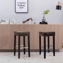 Set Of 2 - 28” Brown PU Leather Bar Stools  w/ Wood Legs [NEW IN BOX]  <Assembly Req>[NEW]
