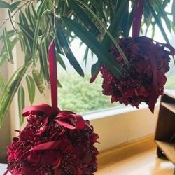 Two Large Glitter Beaded Velvet Poinsette Ornament Balls Satin Ribbon