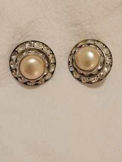vintage Silver Tone Pearl White Stone Clip On Earrings