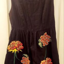 Anthropologie/Floreat Black Dress With Embroidered Floral Design 