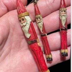 Vintage - Rare - Carved Wood Christmas Pencil Santa Earrings & Brooch Set