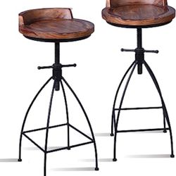 Industrial Vintage Rustic Bar Stool,Wooden Top Stool Kitchen Counter Height Adjustable,Iron Stoo,Swivel Stool,24 Inch,Low Backrest,Hump Surface,Fully 