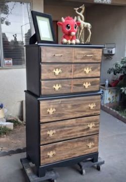 6 Drawer Solid Wood Upright Dresser- Black Frame with Walnut Drawers