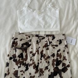 Forever 21 Cropped Lace Trim Cami Top With Twill Cow Print Mini Skirt