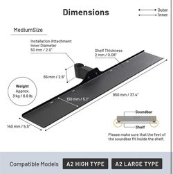 WALL Soundbar Shelf for TV Stand A2 High/Large Models, Medium Size, Width 95 cm / 37.4", Satin Black
