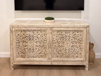 Nadeau Wood carved credenza, TV Stand, cabinet, modern/boho