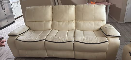 Cream Leather Reclining Sofa 3-Seater