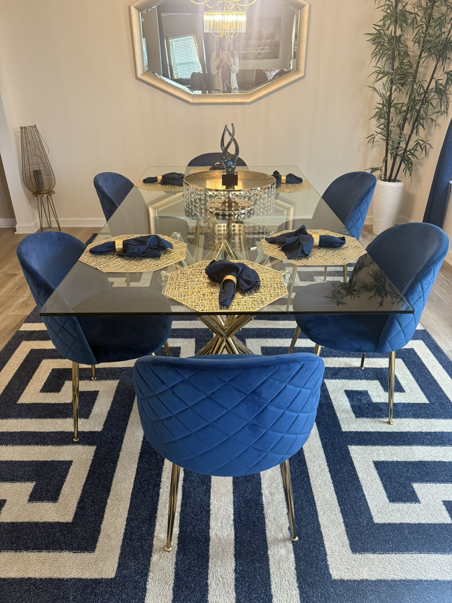 Modern Dining Table with 6 Blue Velvet Chairs