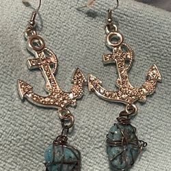Anchor and stone teal and silver tone Custom Earrings