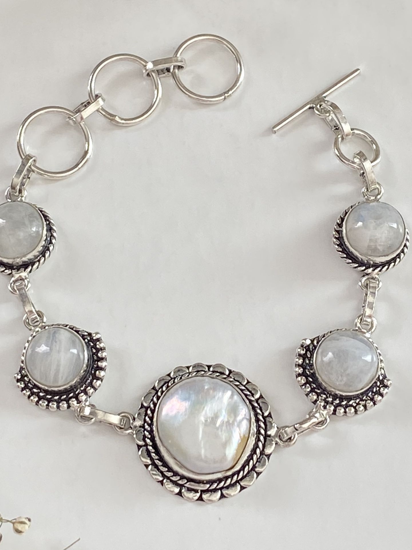 Biwa pearl and rainbow moonstone handcrafted 925 sterling silver overlay bracelet