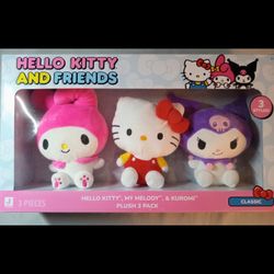 Hello Kitty & Friends Classic 8-inch Plush 3-Pack, featuring Hello Kitty, My Melody, and Kuromi. 