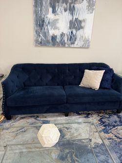Navy Blue Velvet Tufted Sofa & Loveseat Set
