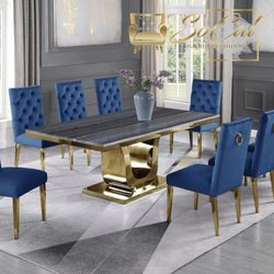 9 Piece Stainless Gold Base & Marbel Top Dinning Set