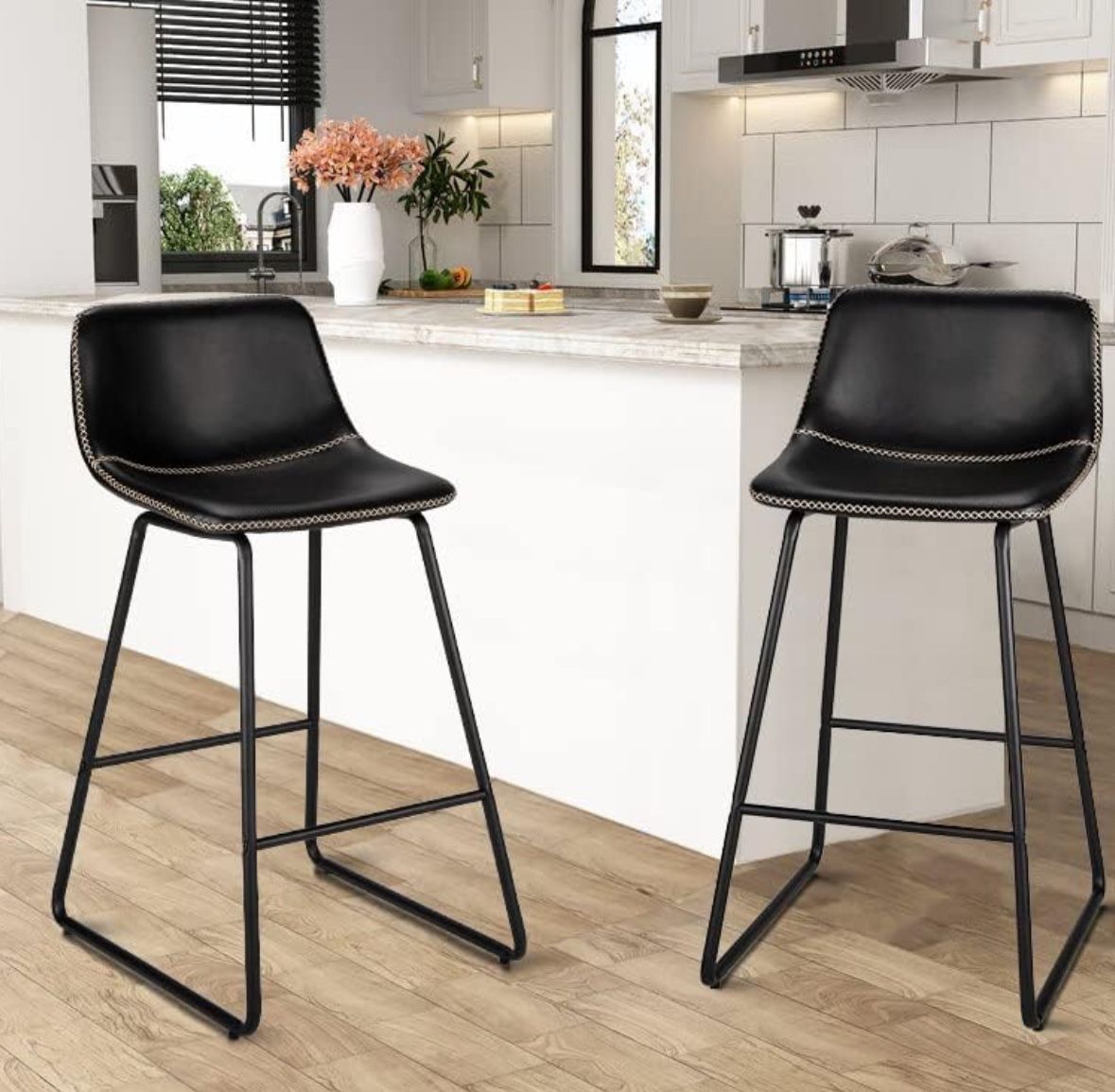 HeuGah Bar stools Set of 2,Faux Leather Counter Height Bar Stools,Dining Room Chairs with Metal Legs & Soft Backrest Easy to Assemble