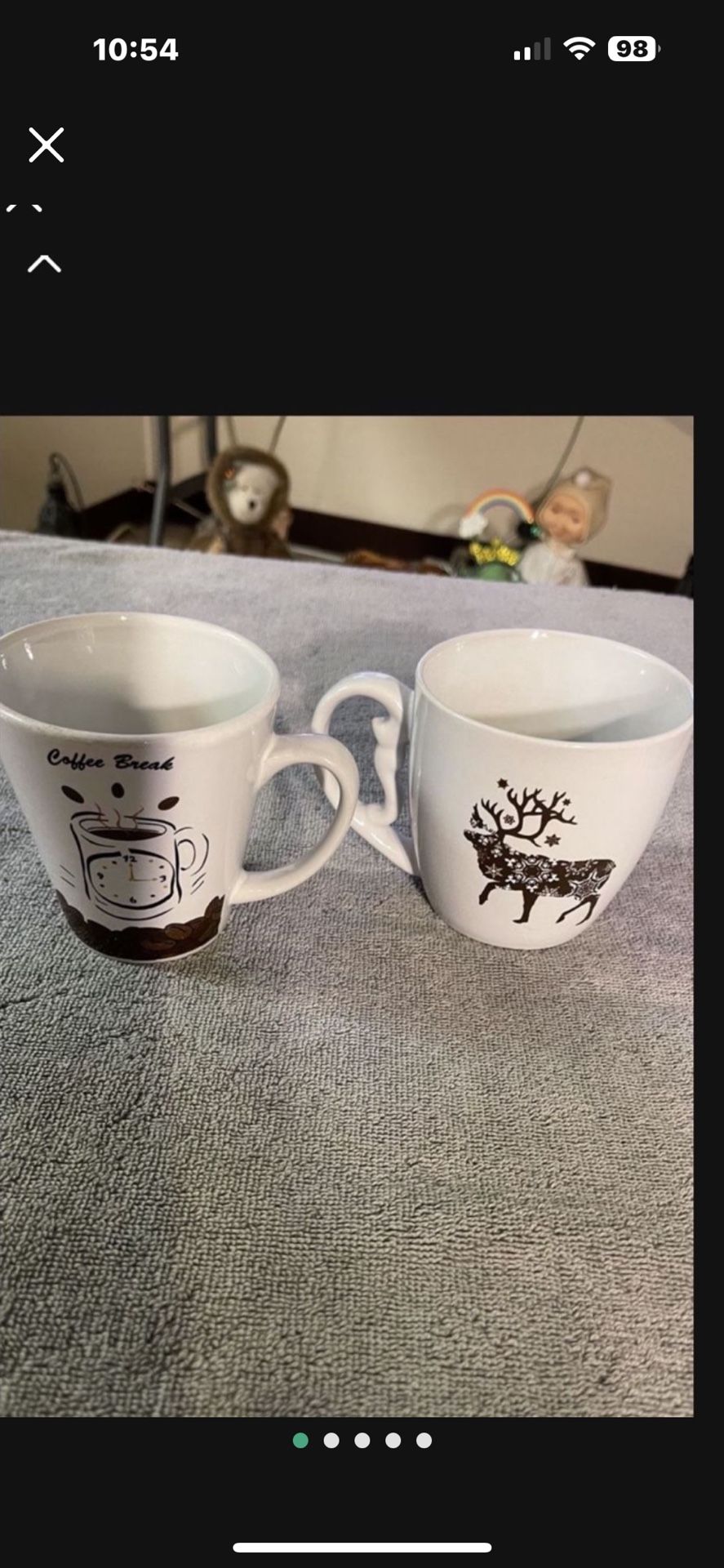 CA. 2 COFFEE CUPS. REINDEER. COFFEE BREAK. $5.00 EACH/ $8.00/2