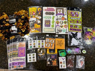 Halloween theme decorations (pumpkin garland, stickers, lots of small temporary tattoos, epoxy brads, plastic spiders, etc.)