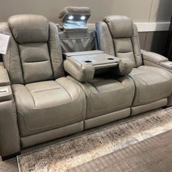 Manden Gray Real Leather Power Reclining 2 Piece Sofa and Loveseat Set /P
