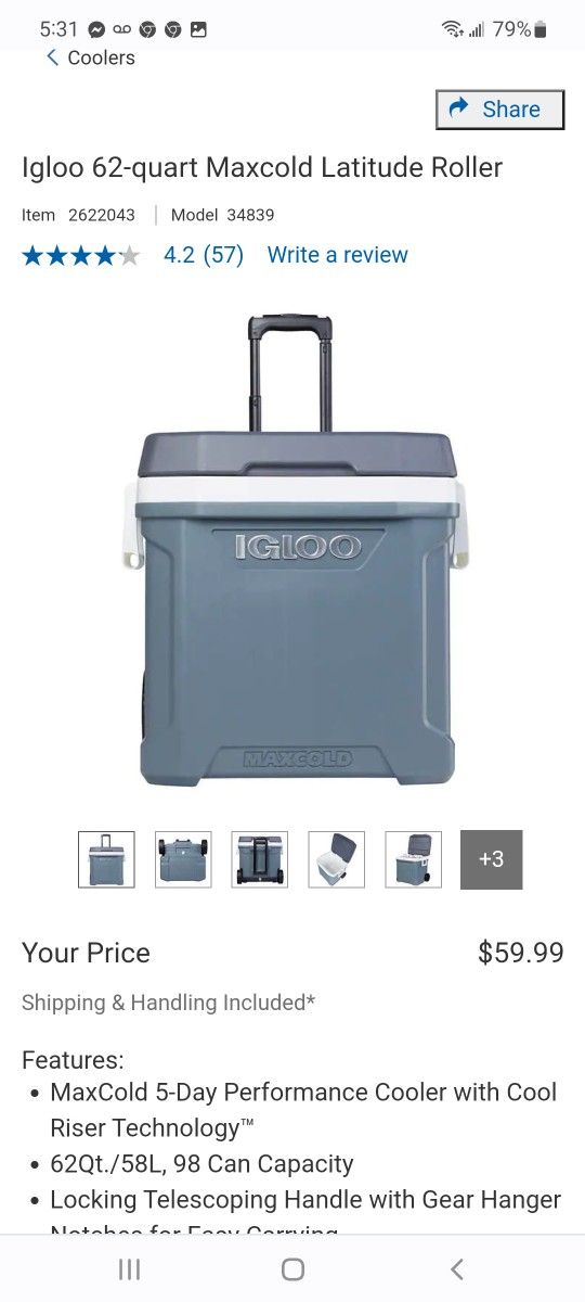 Igloo 62-quart Maxcold Latitude Roller $45